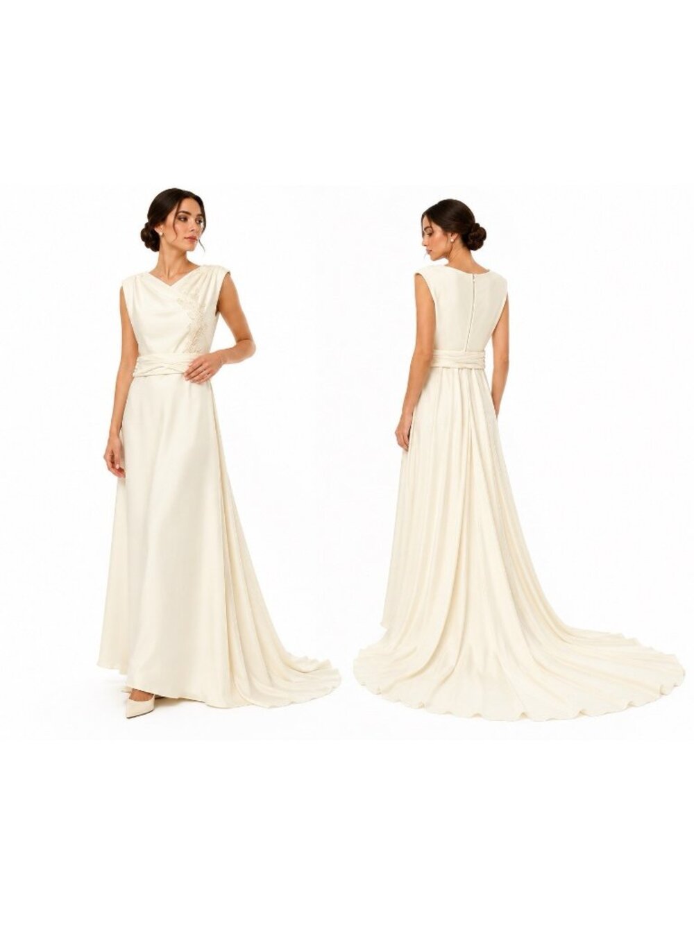 vintage ivory WEDDING DRESS medium draped pearl applique chapel train bridal